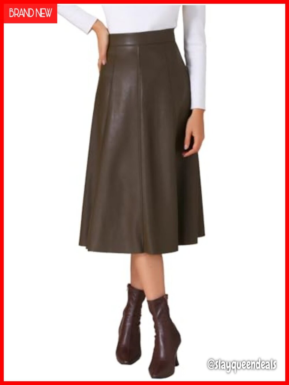 Faux Leather PU High Waist A Line Midi Skirt Side Zipper